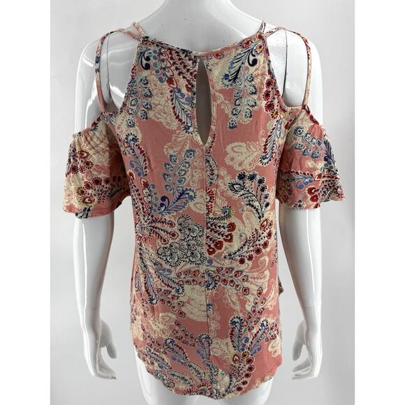 Daytrip Cold Shoulder Top Size Medium Pink Blue Paisley Print Ruffle Sleeve - Picture 4 of 7